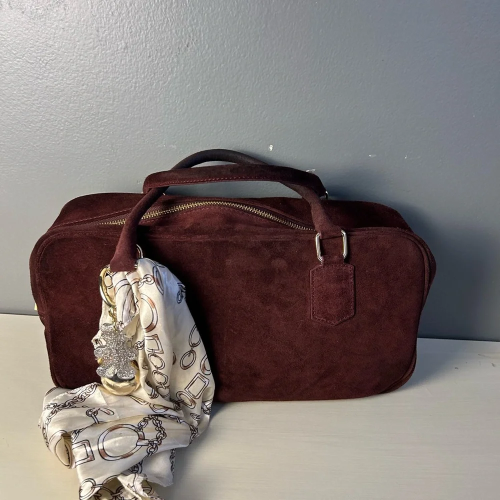 ISADORA Wine Suede Genuine Leather Chic Suede Satchel with bag charms and scarf